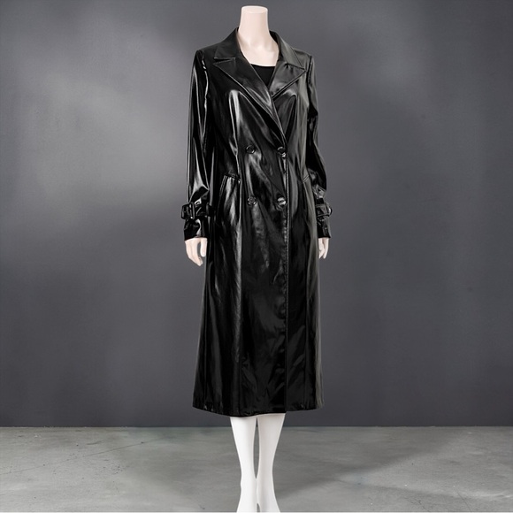 Long Black Faux Leather Trench Coat - Women's Coat - Picture 4 of 12